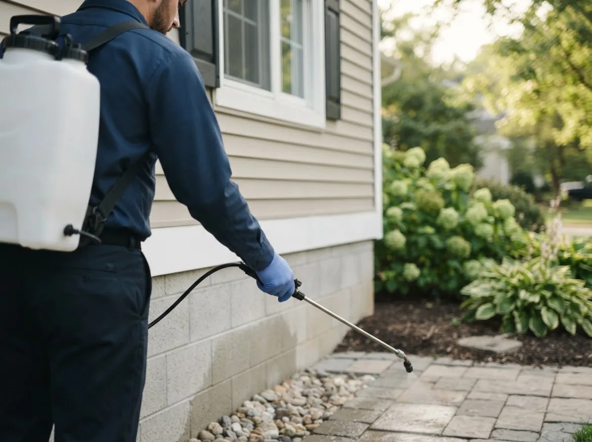Pest control technician inspecting a home in Knoxville, IL